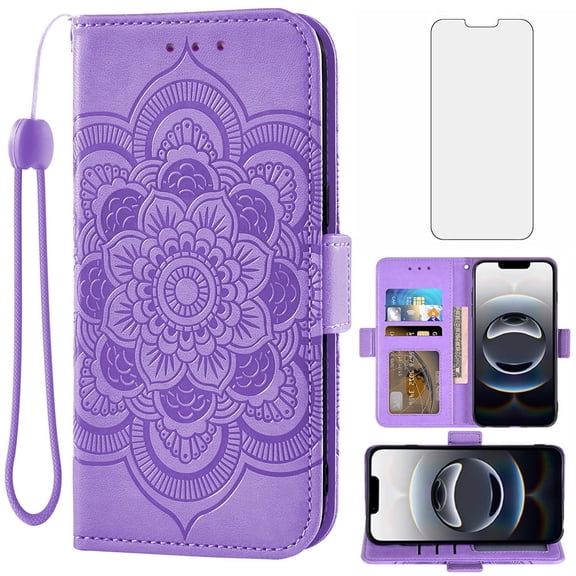Asuwish Compatible with iPhone 16E 6.1 inch Wallet Phone Case and Tempered Glass Screen Protector Flip Credit Card Holder Stand Mandala Flower Cell Cover for i Phone16E i16e 16ECase Women Men Purple