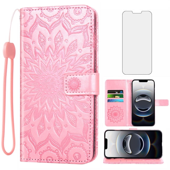 Asuwish Compatible with iPhone 16E 6.1 inch Wallet Phone Case and Tempered Glass Screen Protector Flip Credit Card Holder Stand Mandala Flower Cell Cover for i Phone16E i16e 16ECase Women Men Pink