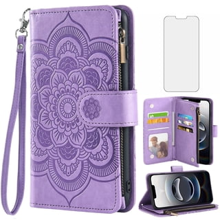 Asuwish Compatible with iPhone 16E 6.1 inch Wallet Phone Case and Tempered Glass Screen Protector Flower Faux Leather Flip Credit Card Holder Stand Zipper Cell Cover for i Phone16e iP16E Women Purple