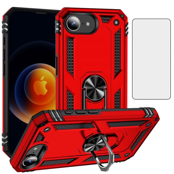 Asuwish Compatible with iPhone 16E Phone Case Tempered Glass Screen Protector Slim Magnetic Ring Holder Stand Hybrid Protective Cell Cover for i Phone16e E16 Women Men Red