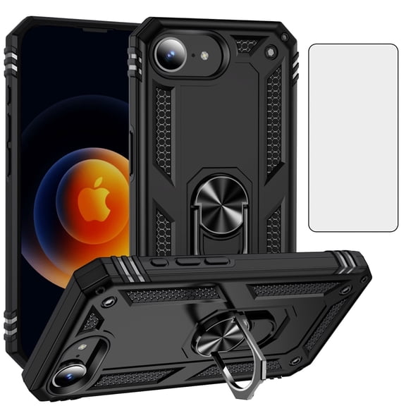 Asuwish Compatible with iPhone 16E Phone Case Tempered Glass Screen Protector Slim Magnetic Ring Holder Stand Hybrid Protective Cell Cover for i Phone16e E16 Women Men Black