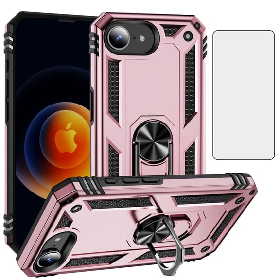 Asuwish Compatible with iPhone 16E Phone Case Tempered Glass Screen Protector Slim Magnetic Ring Holder Stand Hybrid Protective Cell Cover for i Phone16e E16 Women Men Pink