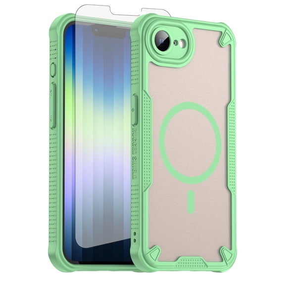 Asuwish Compatible with iPhone 16e/SE 2025/SE 4 Phone Case Tempered Glass Screen Protector Slim Magnetic Translucent Matte Back Shockproof Hybrid Protective Cover for i Phone16e SE4 Women Men Green