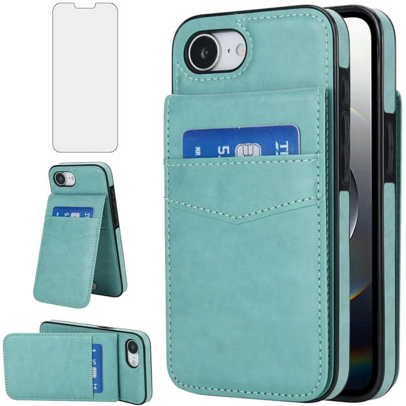 Asuwish Compatible with iPhone 16e/SE 2025/SE 4 Wallet Phone Case with Tempered Glass Screen Protector Credit Card Holder Stand Cell Cover for i Phone16e i16e 16 e SE4 4th Generation 16eCase Men Teal