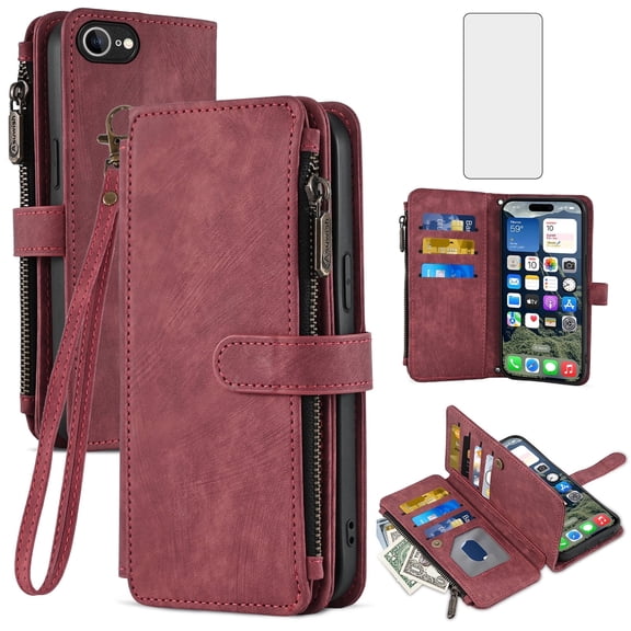 Asuwish Kickstand Hard Shell Wallet Cell Phone Case with Tempered Glass Screen Protector for iPhone 16E, Red