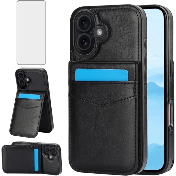 Asuwish Screen Protector Included PU Leather Soft Shell Wallet Cell Phone Case with Screen Protector for iPhone 17, Black