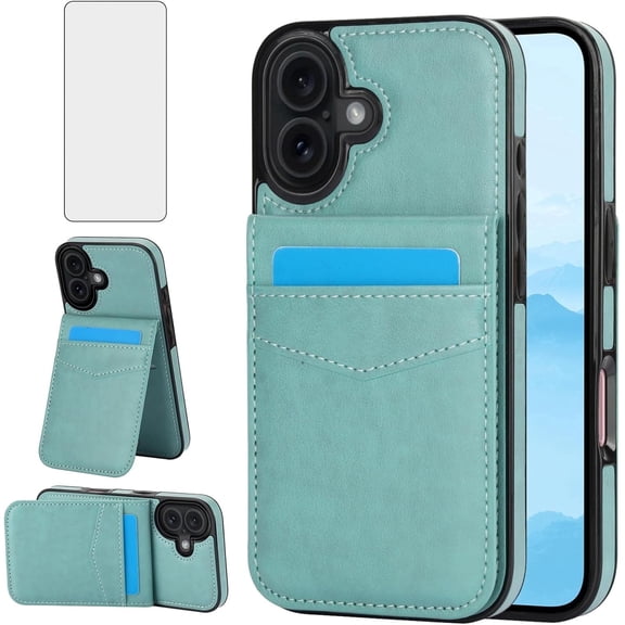 Asuwish Screen Protector Included PU Leather Soft Shell Wallet Cell Phone Case with Screen Protector for iPhone 17, Teal