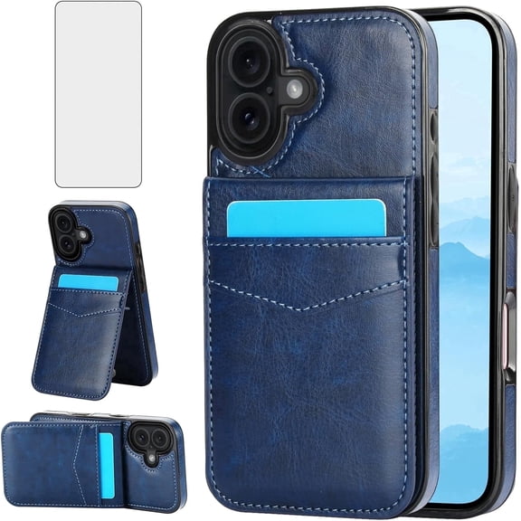 Asuwish Screen Protector Included PU Leather Soft Shell Wallet Cell Phone Case with Screen Protector for iPhone 17, Blue