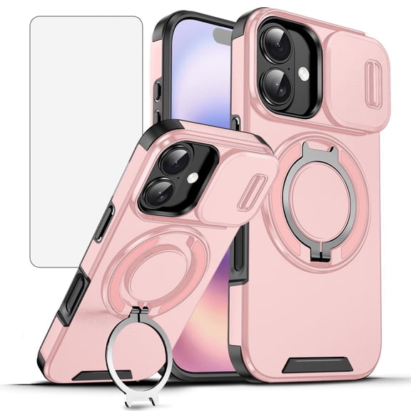 Asuwish Compatible with iPhone 17 6.3 inch Phone Case Slide Camera Cover Tempered Glass Screen Protector Stand Ring Holder Rugged Slim Cell for i Phone17 i17 17Case Women Men Pink