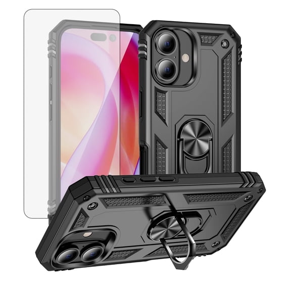 Asuwish Compatible with iPhone 17 6.3 inch Phone Case Tempered Glass Screen Protector Slim Magnetic Ring Holder Stand Hybrid Protective Cell Cover for i Phone17 i17 17Case Women Men Black