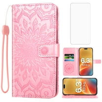 Asuwish Compatible with iPhone 17 6.3 inch Wallet Phone Case and Tempered Glass Screen Protector Flip Credit Card Holder Stand Mandala Flower Cell Cover for i Phone17 i17 17Case Women Men Pink