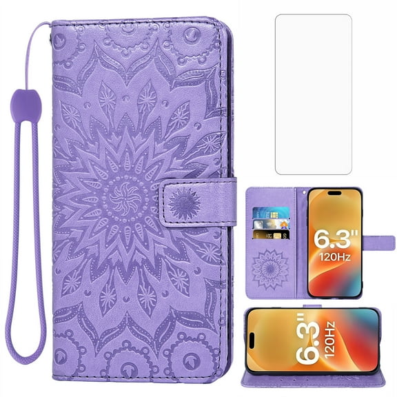 Asuwish Compatible with iPhone 17 6.3 inch Wallet Phone Case and Tempered Glass Screen Protector Flip Credit Card Holder Stand Mandala Flower Cell Cover for i Phone17 i17 17Case Women Men Purple