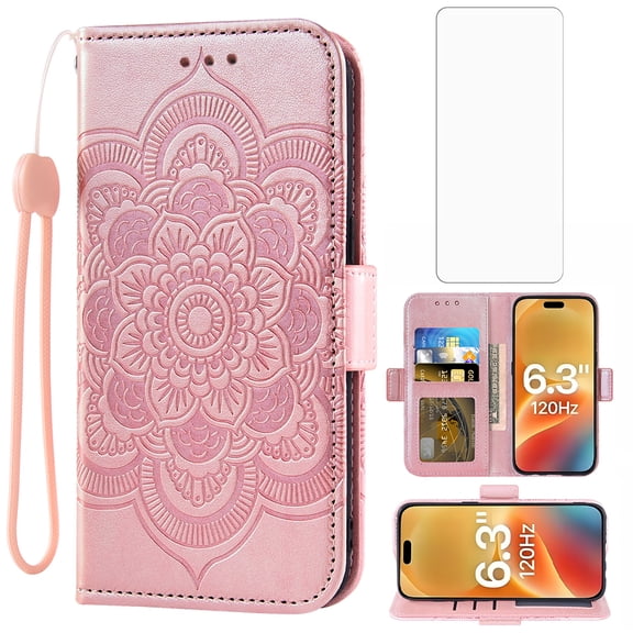 Asuwish Compatible with iPhone 17 6.3 inch Wallet Phone Case and Tempered Glass Screen Protector Flip Credit Card Holder Stand Mandala Flower Cell Cover for i Phone17 i17 17Case Women Men Pink