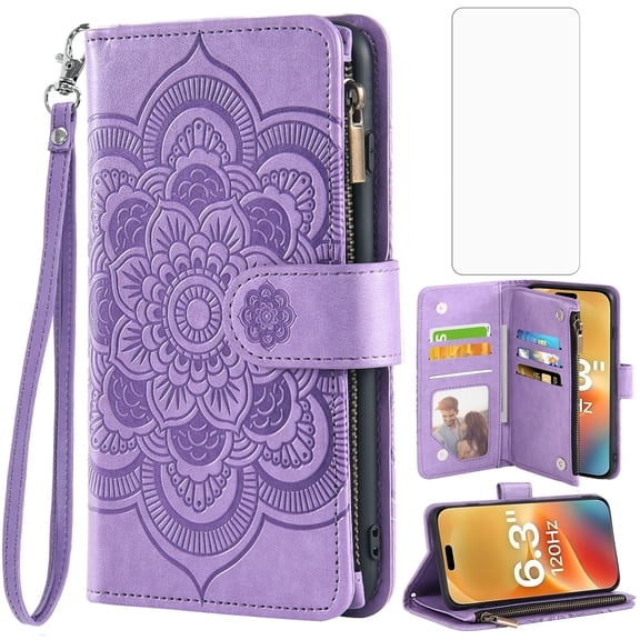 Asuwish Compatible with iPhone 17 6.3 inch Wallet Phone Case and Tempered Glass Screen Protector Flower Faux Leather Flip Credit Card Holder Stand Zipper Cell Cover for i Phone17 17Case Women Purple