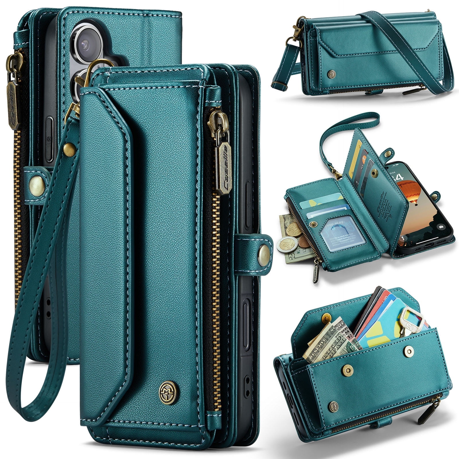 Asuwish Compatible with iPhone 17 6.3 inch Zipper Wallet Phone Case Tempered Glass Screen Protector Crossbody Lanyard Strap Flip Card Holder Slot Cell Cover for i Phone17 i17 17Case Women Girls Green