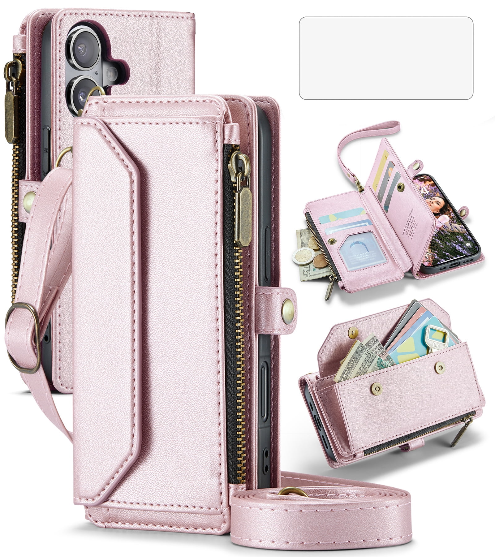 Asuwish Compatible with iPhone 17 6.3 inch Zipper Wallet Phone Case Tempered Glass Screen Protector Crossbody Lanyard Strap Flip Card Holder Slot Cell Cover for i Phone17 i17 17Case Women Rose Gold