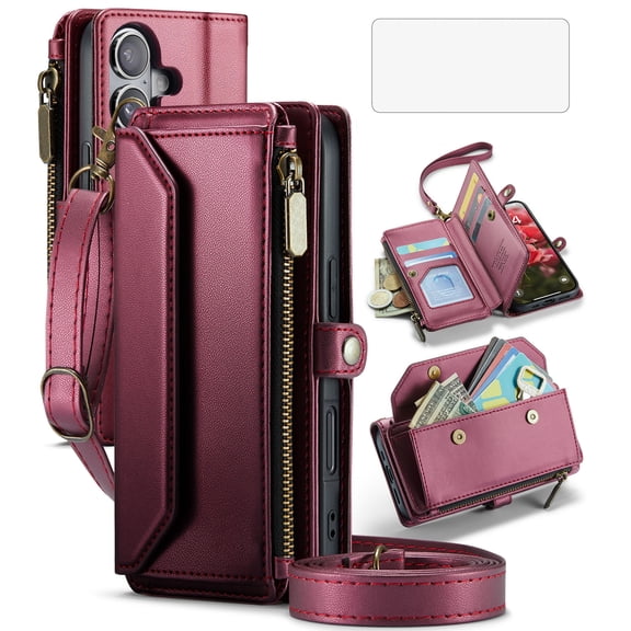 Asuwish Compatible with iPhone 17 6.3 inch Zipper Wallet Phone Case Tempered Glass Screen Protector Crossbody Lanyard Strap Flip Card Holder Slot Cell Cover for i Phone17 i17 17Case Women Wine Red