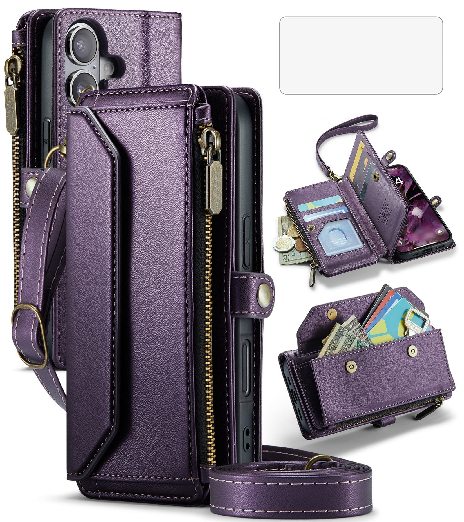 Asuwish Compatible with iPhone 17 6.3 inch Zipper Wallet Phone Case Tempered Glass Screen Protector Crossbody Lanyard Strap Flip Card Holder Slot Cell Cover for i Phone17 i17 17Case Women Purple