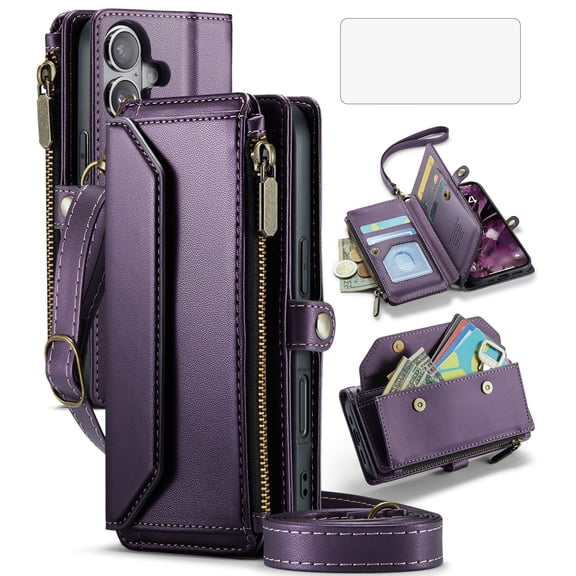 Asuwish Compatible with iPhone 17 6.3 inch Zipper Wallet Phone Case Tempered Glass Screen Protector Crossbody Lanyard Strap Flip Card Holder Slot Cell Cover for i Phone17 i17 17Case Women Purple