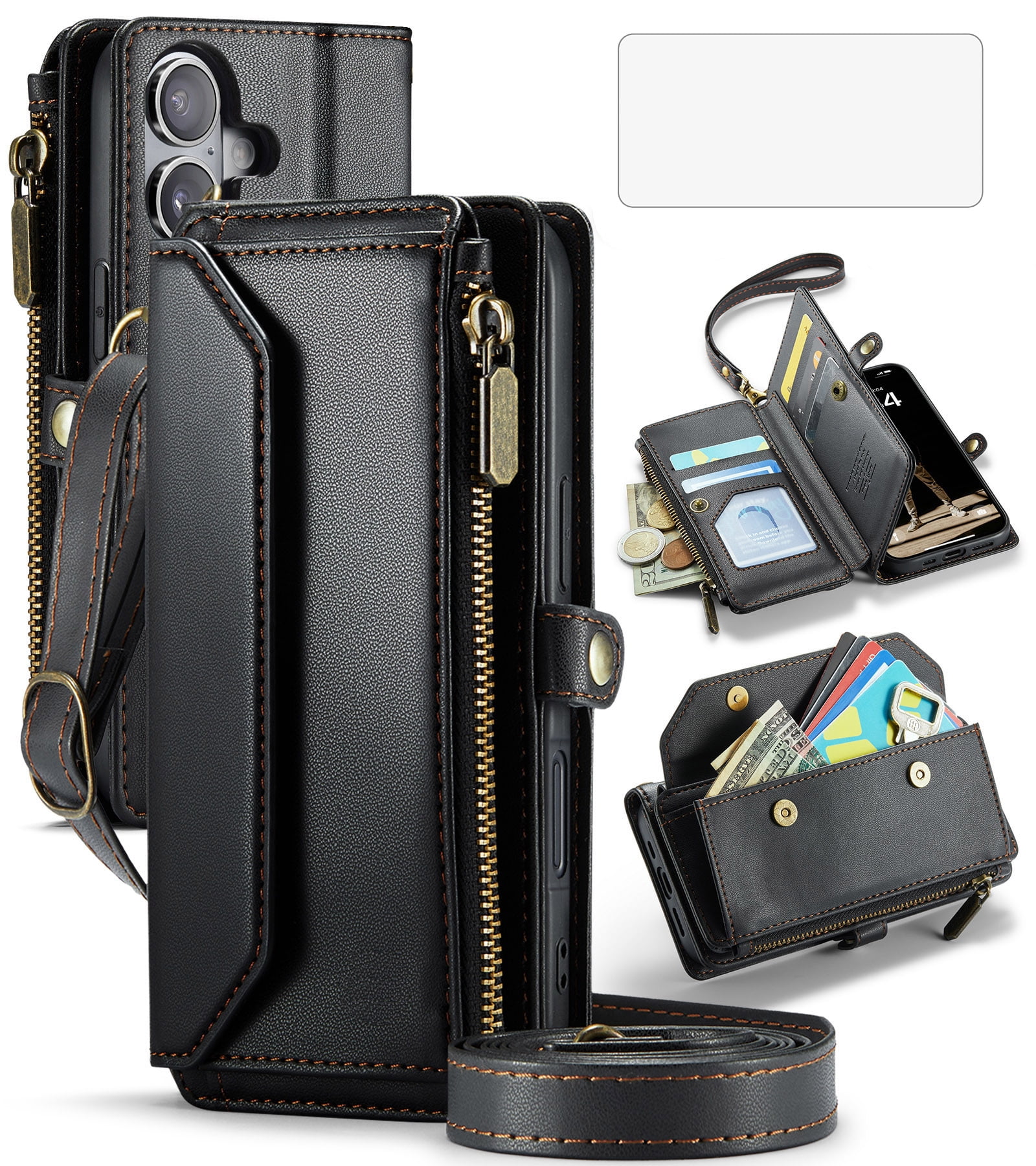 Asuwish Compatible with iPhone 17 6.3 inch Zipper Wallet Phone Case Tempered Glass Screen Protector Crossbody Lanyard Strap Flip Card Holder Slot Cell Cover for i Phone17 i17 17Case Women Girls Black