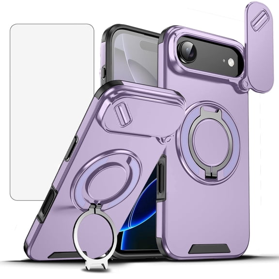 Asuwish Compatible with iPhone 17 Air 6.5 inch Phone Case Slide Camera Cover Tempered Glass Screen Protector Stand Ring Holder Rugged Slim Cell for i Phone17 i17 17Air Women Men Purple
