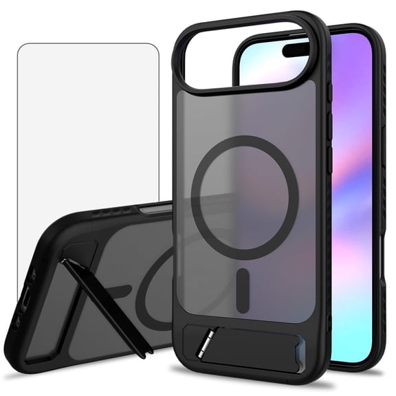Asuwish Compatible with iPhone 17 Air 6.5 inch Phone Case Tempered Glass Screen Protector Magnetic Translucent Back Folding Stand Shockproof Protective Cover for i Phone17 i17 17Air Women Men Black