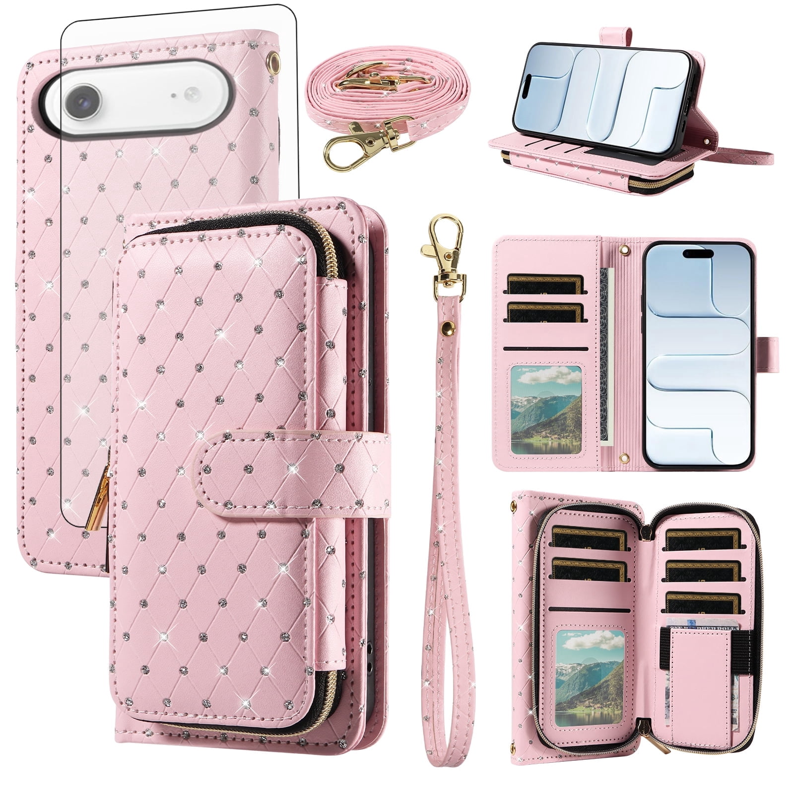 Asuwish Compatible with iPhone 17 Air 6.5 inch Wallet Phone Case Tempered Glass Screen Protector Bling Crossbody Lanyard Strap Flip Zipper Purse Card Holder Cover for i Phone17 i17 17Air Women Pink