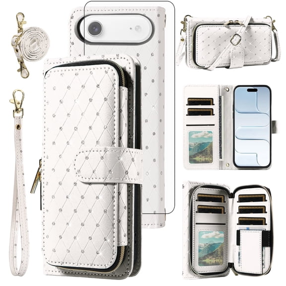 Asuwish Compatible with iPhone 17 Air 6.5 inch Wallet Phone Case Tempered Glass Screen Protector Bling Crossbody Lanyard Strap Flip Zipper Purse Card Holder Cover for i Phone17 i17 17Air Women White