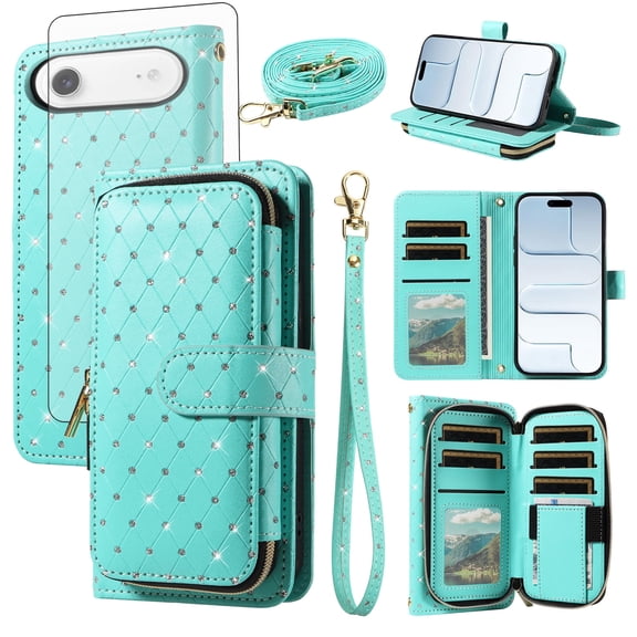 Asuwish Compatible with iPhone 17 Air 6.5 inch Wallet Phone Case Tempered Glass Screen Protector Bling Crossbody Lanyard Strap Flip Zipper Purse Card Holder Cover for i Phone17 i17 17Air Women Green