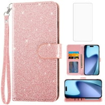 Asuwish Compatible with iPhone 17 Air 6.6 inch Wallet Phone Case and Tempered Glass Screen Protector Flip Credit Card Holder Stand Bling Glitter Cell Cover for i Phone17 17Air i17 Women Men Rose Gold