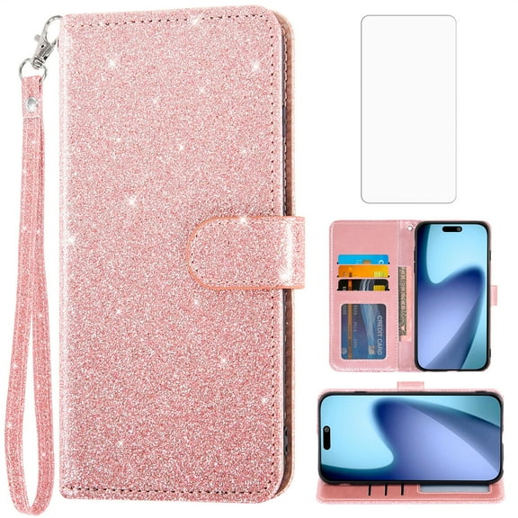 Asuwish Compatible with iPhone 17 Air 6.6 inch Wallet Phone Case and Tempered Glass Screen Protector Flip Credit Card Holder Stand Bling Glitter Cell Cover for i Phone17 17Air i17 Women Men Rose Gold