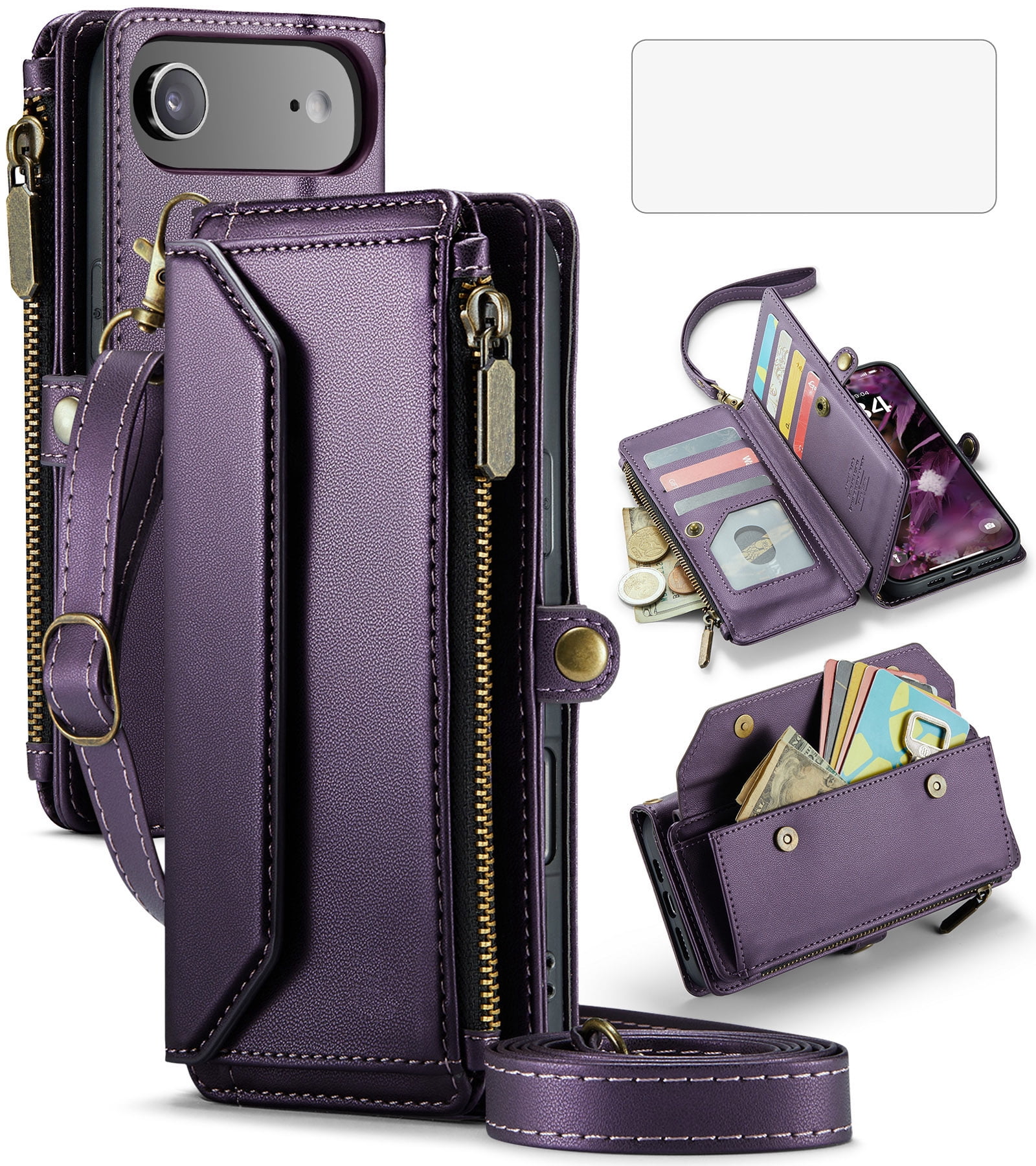 Asuwish Compatible with iPhone 17 Air 6.5 inch Zipper Wallet Phone Case Tempered Glass Screen Protector Crossbody Lanyard Strap Flip Card Holder Slot Cell Cover for i Phone17Air 17Case Women Purple