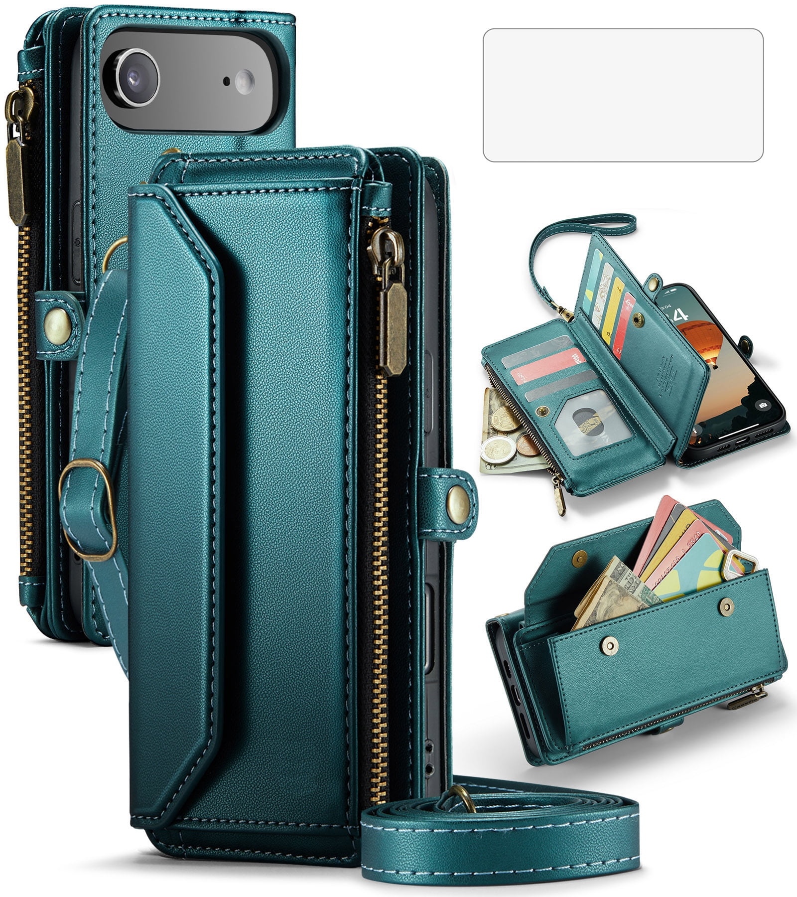 Asuwish Compatible with iPhone 17 Air 6.5 inch Zipper Wallet Phone Case Tempered Glass Screen Protector Crossbody Lanyard Strap Flip Card Holder Slot Cell Cover for i Phone17Air 17Case Women Green