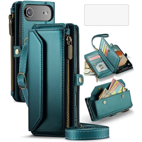 Asuwish Compatible with iPhone 17 Air 6.5 inch Zipper Wallet Phone Case Tempered Glass Screen Protector Crossbody Lanyard Strap Flip Card Holder Slot Cell Cover for i Phone17Air 17Case Women Green