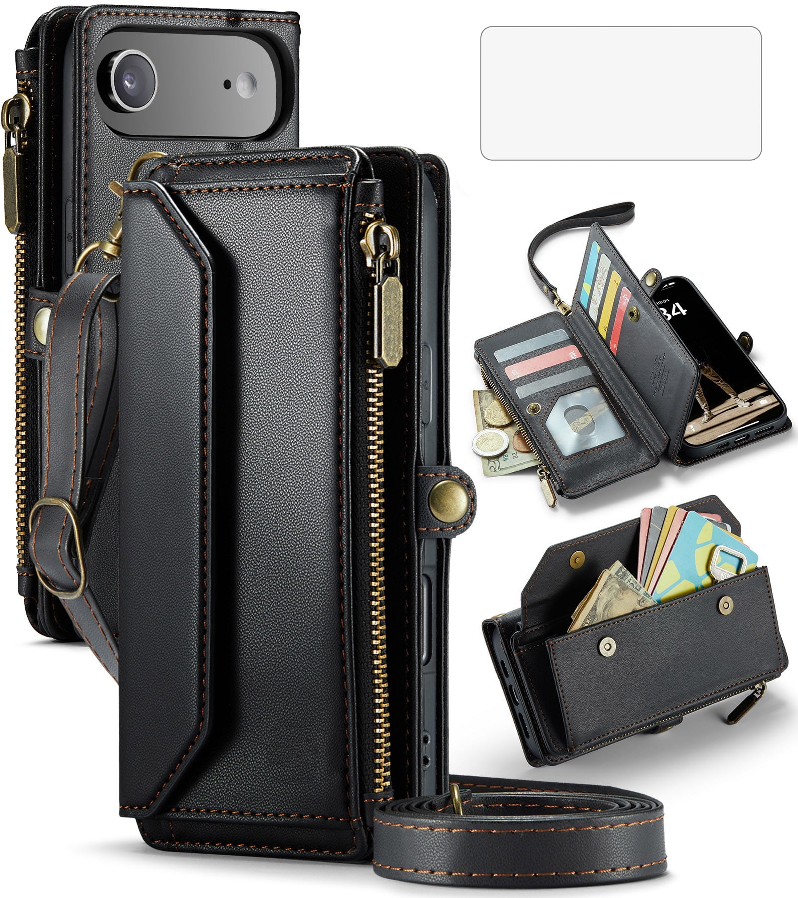 Asuwish Compatible with iPhone 17 Air 6.5 inch Zipper Wallet Phone Case Tempered Glass Screen Protector Crossbody Lanyard Strap Flip Card Holder Slot Cell Cover for i Phone17Air 17Case Women Black