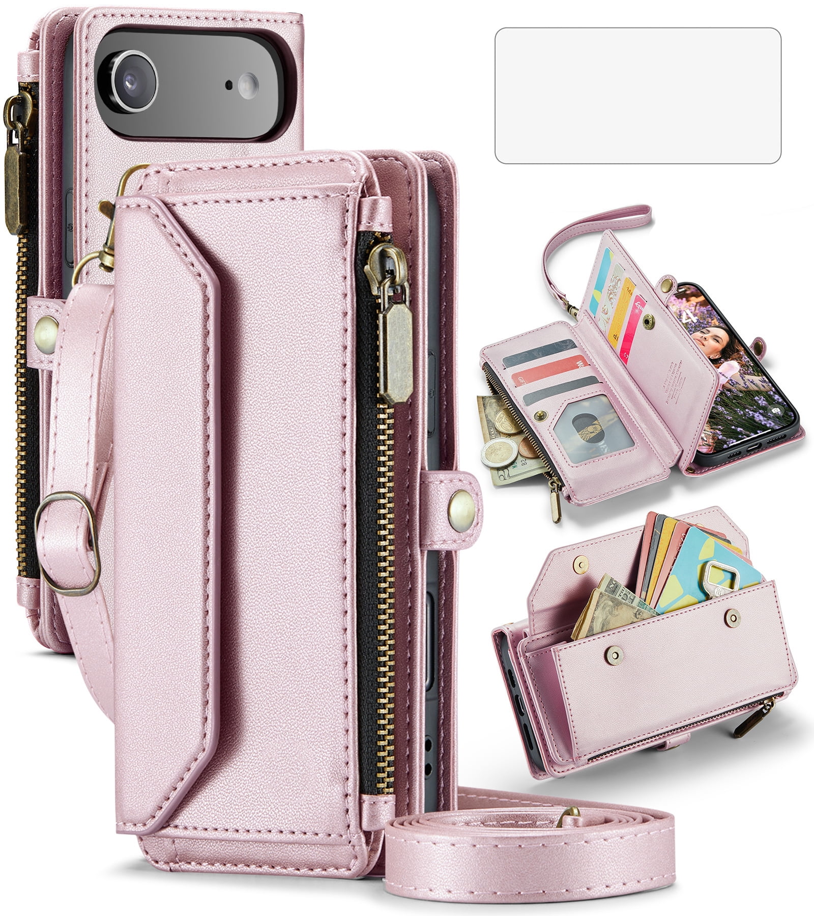 Asuwish Compatible with iPhone 17 Air 6.5 inch Zipper Wallet Phone Case Tempered Glass Screen Protector Crossbody Lanyard Strap Flip Card Holder Slot Cell Cover for i Phone17Air 17Air Women Rose Gold