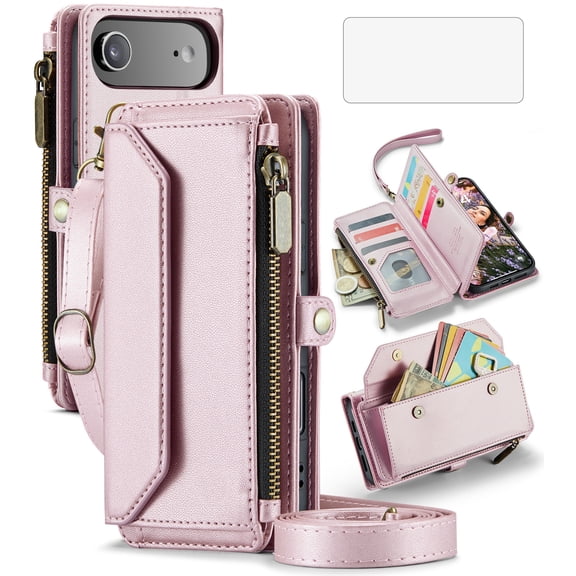 Asuwish Compatible with iPhone 17 Air 6.5 inch Zipper Wallet Phone Case Tempered Glass Screen Protector Crossbody Lanyard Strap Flip Card Holder Slot Cell Cover for i Phone17Air 17Air Women Rose Gold