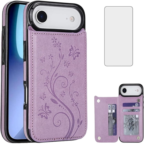 Asuwish Compatible with iPhone 17 Air 6.7 inch Wallet Phone Case with Tempered Glass Screen Protector Slim Credit Card Holder Slot Stand Cell Cover for i Phone17 17+ i17 + 16Air Women Men Purple