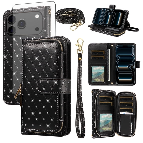 Asuwish Compatible with iPhone 17 Pro 6.3 inch Wallet Phone Case Tempered Glass Screen Protector Bling Crossbody Lanyard Strap Flip Zipper Purse Card Holder Cover for i Phone17 i17 17Pro Women Black