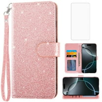 Asuwish Compatible with iPhone 17 Pro 6.3 inch Wallet Phone Case and Tempered Glass Screen Protector Flip Credit Card Holder Stand Bling Glitter Cell Cover for i Phone17 i17 17Pro Women Men Rose Gold