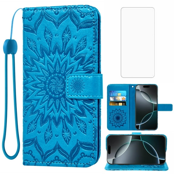Asuwish Compatible with iPhone 17 Pro 6.3 inch Wallet Phone Case and Tempered Glass Screen Protector Flip Credit Card Holder Stand Mandala Flower Cell Cover for i Phone17 i17 17Pro Women Men Blue