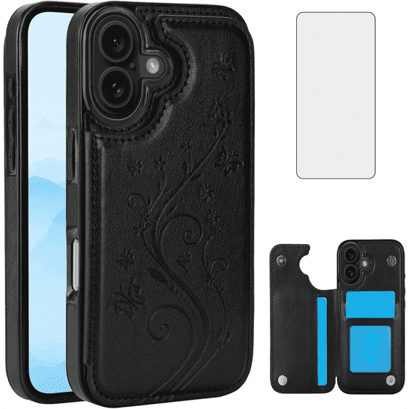 Asuwish Compatible with iPhone 17 Pro 6.3 inch Wallet Phone Case with Tempered Glass Screen Protector Slim Credit Card Holder Slot Stand Mobile Flip Cell Cover for i Phone17 i 17Pro Women Men Black