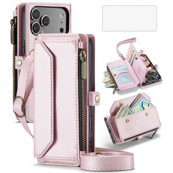 Asuwish Compatible with iPhone 17 Pro 6.3 inch Zipper Wallet Phone Case Tempered Glass Screen Protector Crossbody Lanyard Strap Flip Card Holder Slot Cell Cover for i Phone17 17 17Pro Women Rose Gold