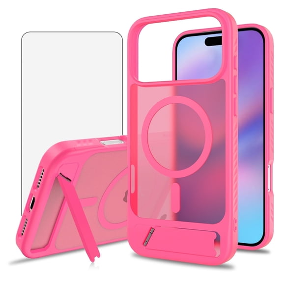 Asuwish Compatible with iPhone 17 Pro Max 6.9 inch Phone Case Tempered Glass Screen Protector Magnetic Translucent Back Folding Stand Shockproof Protective Cover for iPhone 17ProMa Women Men Rose Red