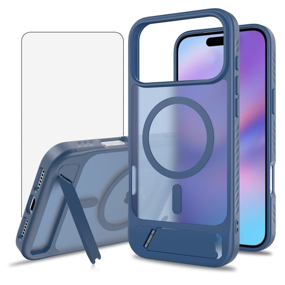 Asuwish Compatible with iPhone 17 Pro Max 6.9 inch Phone Case Tempered Glass Screen Protector Magnetic Translucent Back Folding Stand Shockproof Protective Cover for i Phone 17ProMax Women Men Blue