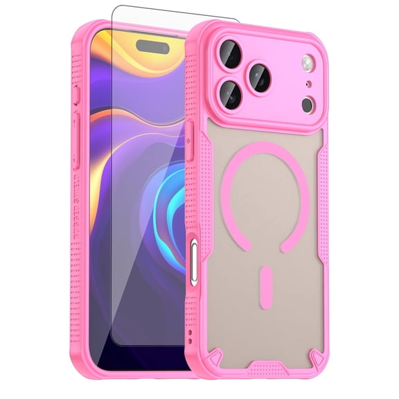Asuwish Compatible with iPhone 17 Pro Max 6.9 inch Phone Case Tempered Glass Screen Protector Slim Magnetic Translucent Matte Back Shockproof Hybrid Protective Cover for iPhone17ProMa Women Men Pink