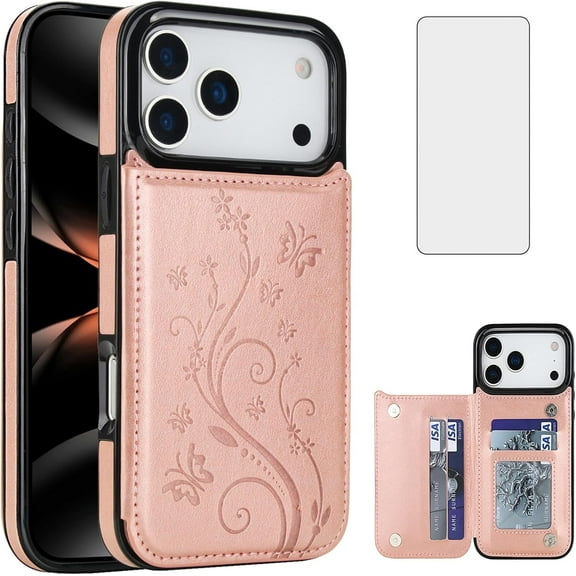 Asuwish Compatible with iPhone 17 Pro Max 6.9 inch Wallet Phone Case with Tempered Glass Screen Protector Credit Card Holder Slot Stand Cell Cover for i Phone17 17Pro i17 ProMax 17ProMax Women Pink