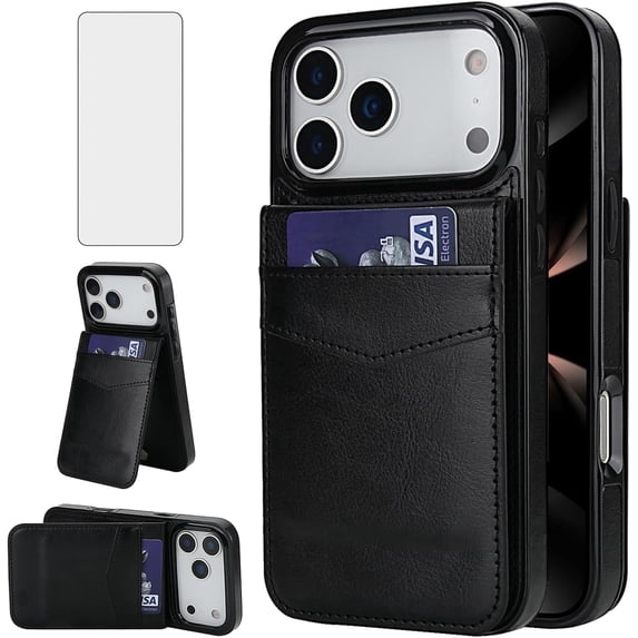 Asuwish Screen Protector Included PU Leather Soft Shell Wallet Cell Phone Case with Screen Protector for iPhone 17 Pro Max, Black