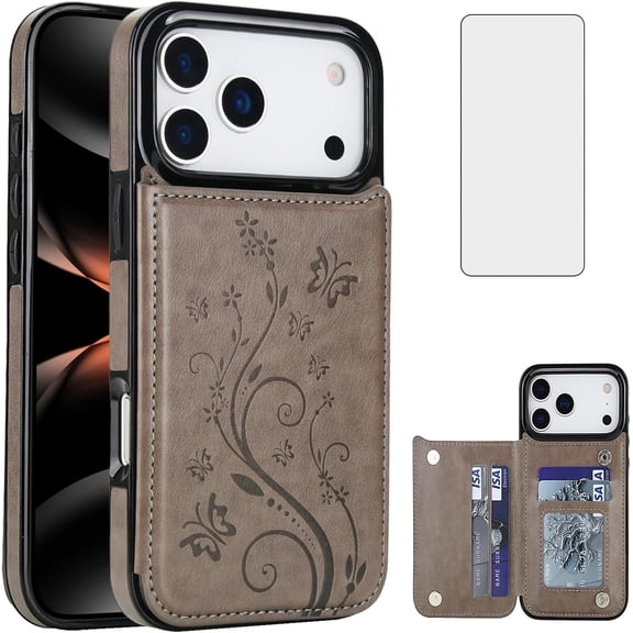 Asuwish Compatible with iPhone 17 Pro Max 6.9 inch Wallet Phone Case with Tempered Glass Screen Protector Credit Card Holder Slot Stand Cell Cover for i Phone17 17Pro i17 ProMax 17ProMax Women Grey