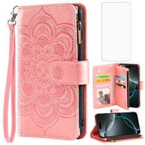 Asuwish Compatible with iPhone 17 Pro Max 6.9 inch Wallet Phone Case and Tempered Glass Screen Protector Flower Faux Leather Flip Credit Card Holder Stand Zipper i Phone17 i17 17P 17ProMax Women Pink
